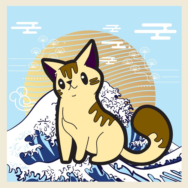 kattenillustratie met Japanse stijlachtergrond voor logo, labels en achtergrond