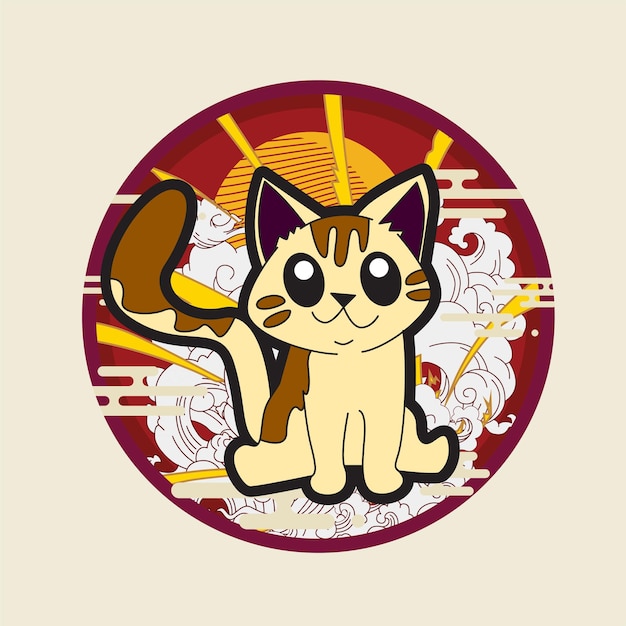 kattenillustratie met Japanse stijlachtergrond voor logo, labels en achtergrond