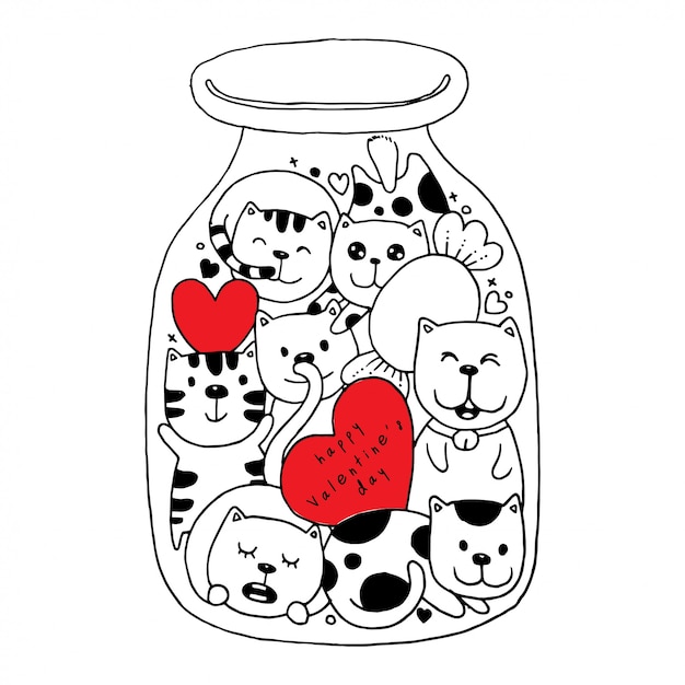 Kattenkrabbels in flessenillustratiekleuring voor de dag van de gelukkige valentijnskaart