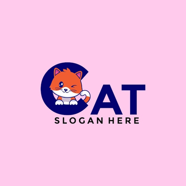 Kattenlogo met een kat die klimt op de letter C in het woord kat Kat logo vector sjabloon