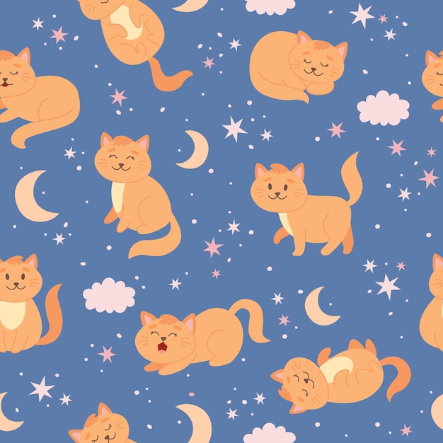 Kattenpatroon met maansterren en wolken Schattig gemberkatkarakter in cartoonstijl
