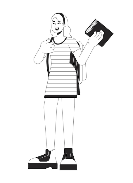 Kaukasisch college meisje met boek platte lijn zwart wit vector karakter Bewerkbare omtrek volledige lichaam persoon Rugzak student vrouwelijke eenvoudige cartoon geïsoleerde plek illustratie voor webdesign