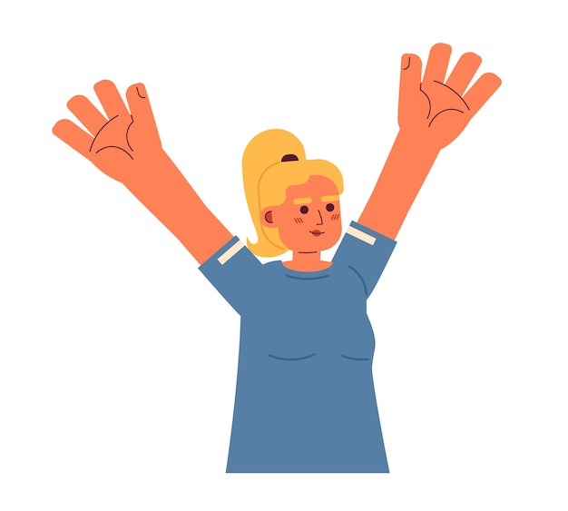 Kaukasisch meisje dat handen opheft semi platte kleur vector karakter Uitdrukking Positieve emoties Bewerkbaar half lichaam persoon op wit Eenvoudige cartoon spot illustratie voor web grafisch ontwerp
