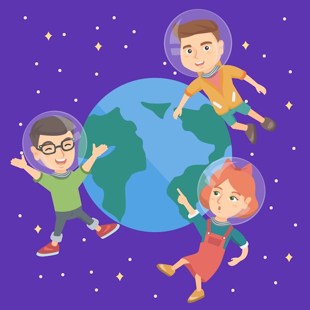 Kaukasische astronaut kinderen vliegen in de ruimte.