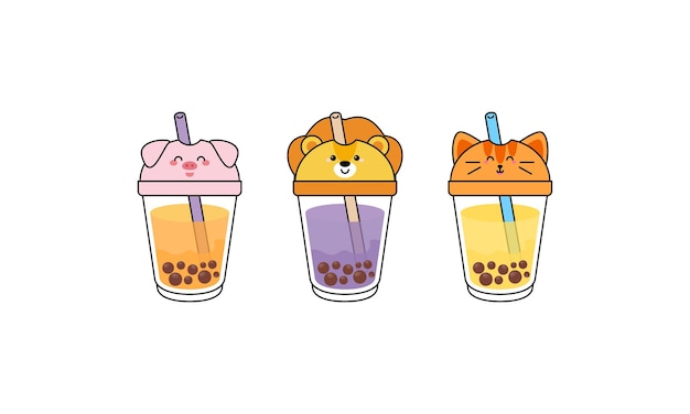 Kawai Cute Bubble Tea met kop dierengezichten