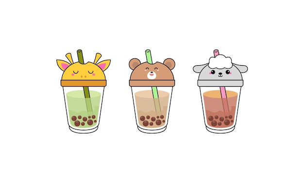 Kawai cute bubble tea met kop dierengezichten