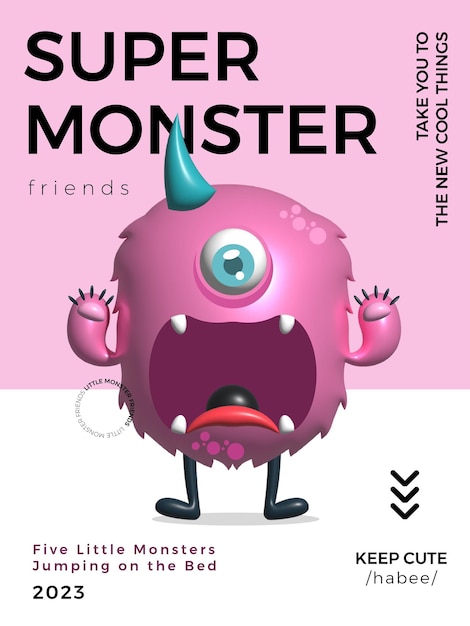 Vector kawaii 3d vector cute little monster friends pink