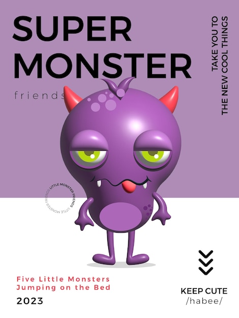 Vector kawaii 3d vector cute little monster friends purple