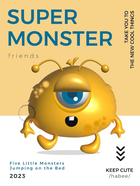 Kawaii 3d vector cute little monster friends yellow