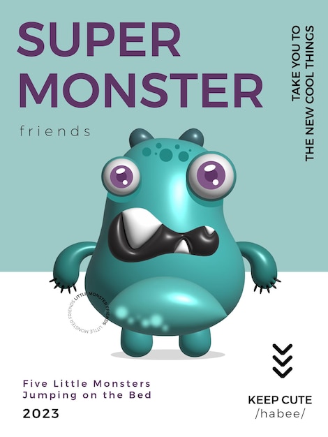 Kawaii 3d vector schattige kleine monster vrienden cyaan