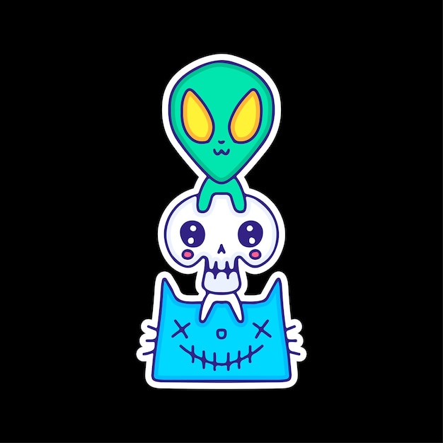 Kawaii alien, schedel en monsterkat, illustratie voor t-shirt, sticker