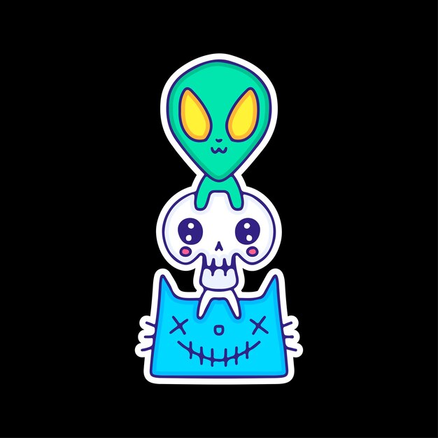 Kawaii alieno, teschio e gatto mostro, illustrazione per t-shirt, adesivo