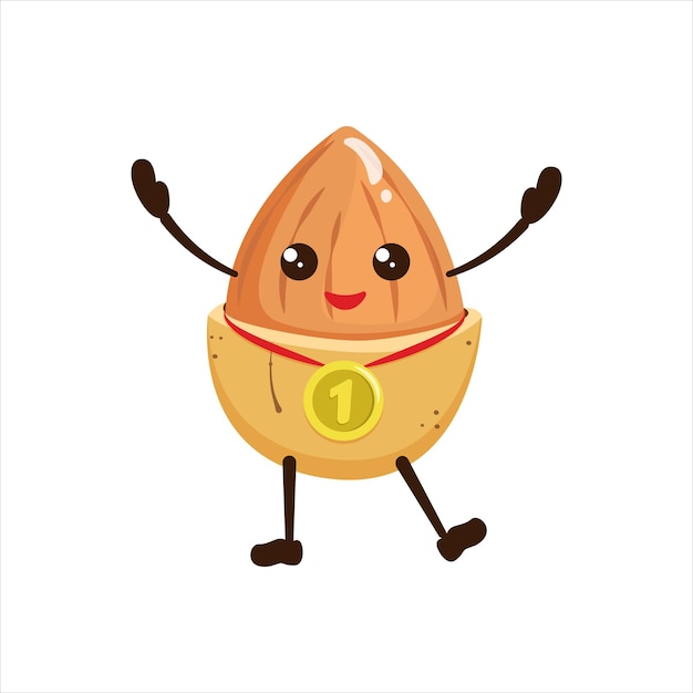 Kawaii almond with winner medal cartoon illustration of an athlete nut fitness food