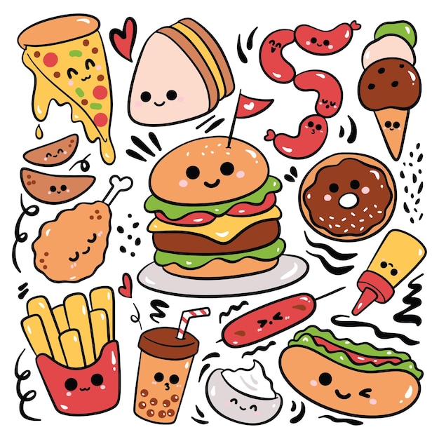 Doodle disegnato a mano di cibo americano kawaii