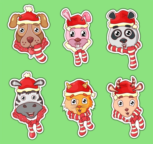 Kawaii animal cartoon face using scarf for christmas collection