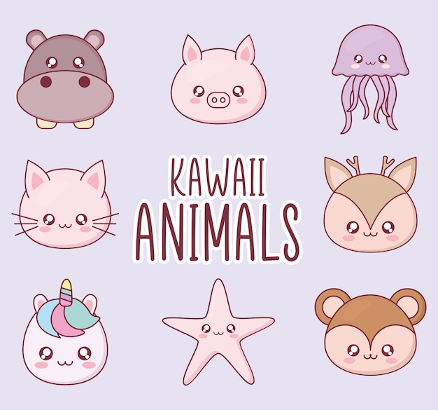 Set di simboli kawaii animali cartoon, espressione simpatico personaggio divertente e tema emoticon