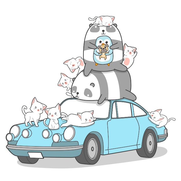 かわいい動物キャラクターと車。