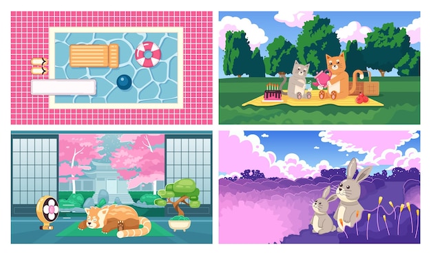 Kawaii animals cute chill lo fi wallpapers set Lounge zone Swimming pool 2D vector cartoon characters interior landscape illustrations lofi anime backgrounds 90s kawaii aesthetic dreamy vibes