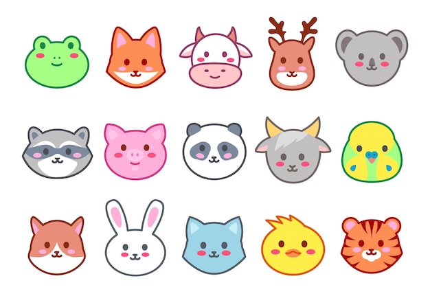 Kawaii animals cute zoo faces smiling animal heads cartoon vector illustration set