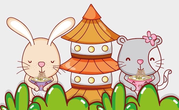 Vector kawaii animals and japanese food