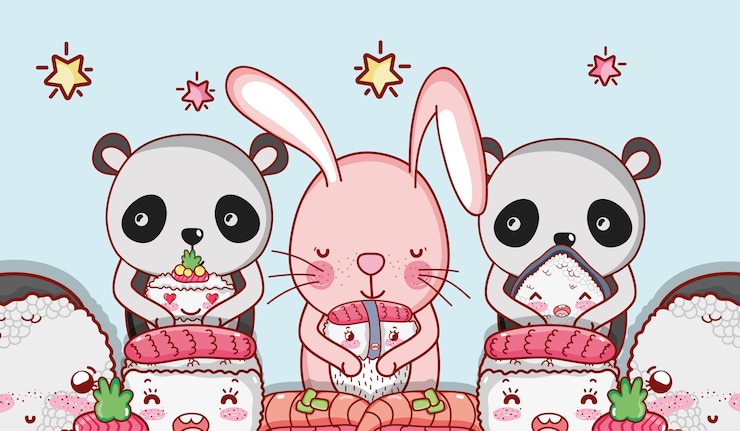 Вектор kawaii животные и японская еда