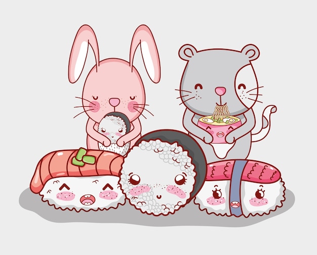 Vector kawaii animals and japanese food