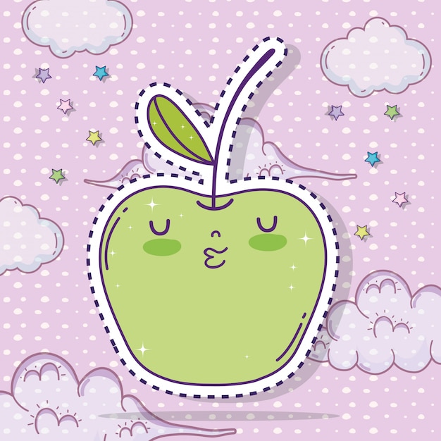 Kawaii apple fruit sticker with clouds