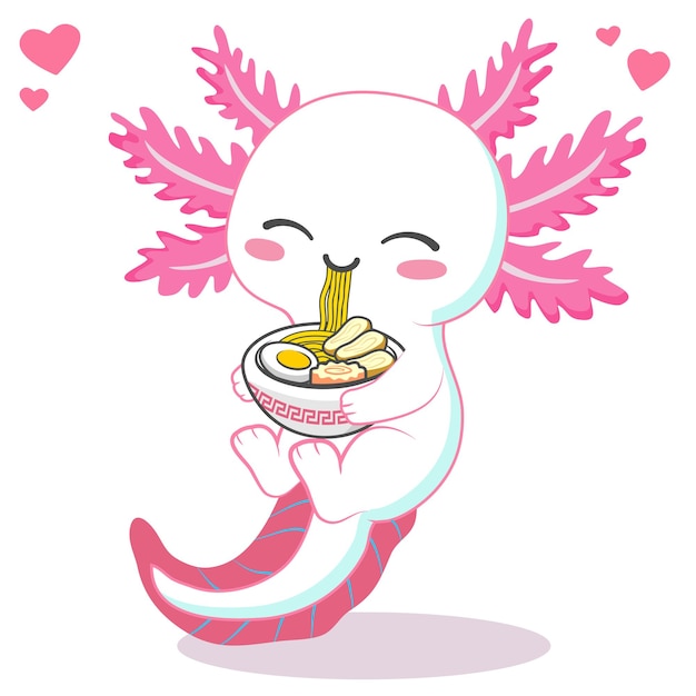 Vector kawaii axolotl eten ramen noodle cartoon vectorillustratie