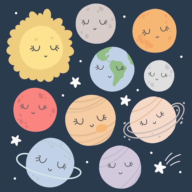 Kawaii babyset met planeten en sterren van het zonnestelsel op blauwe achtergrond