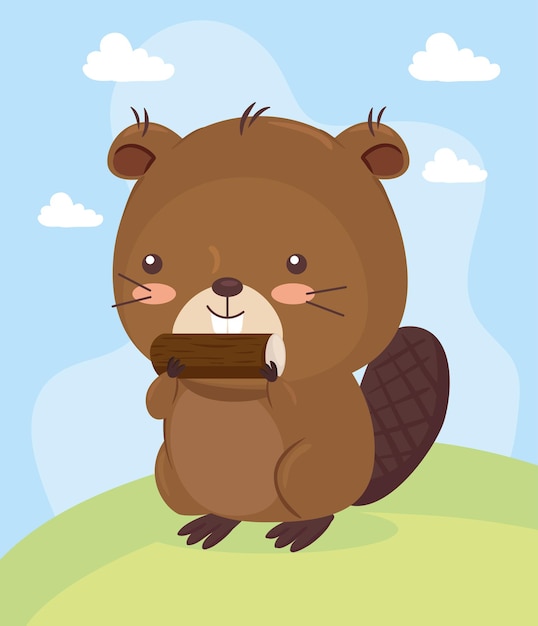 Kawaii beaver animal cartoon on landscape illustration