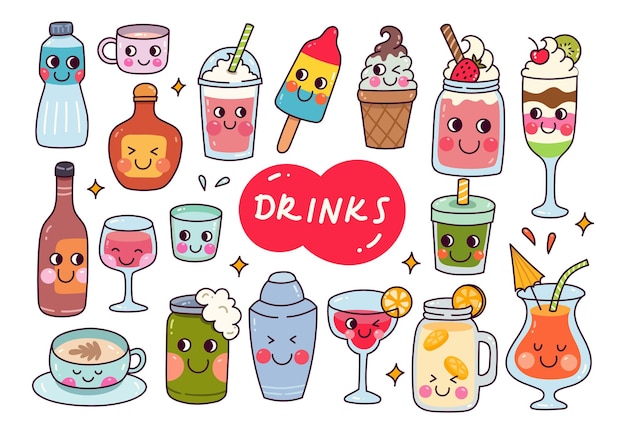 Vector kawaii beverages doodle isolated on white background