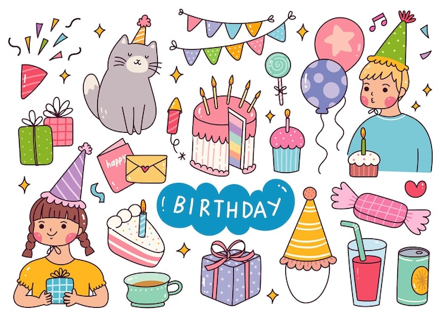 Kawaii birthday celebration doodle vector illustration