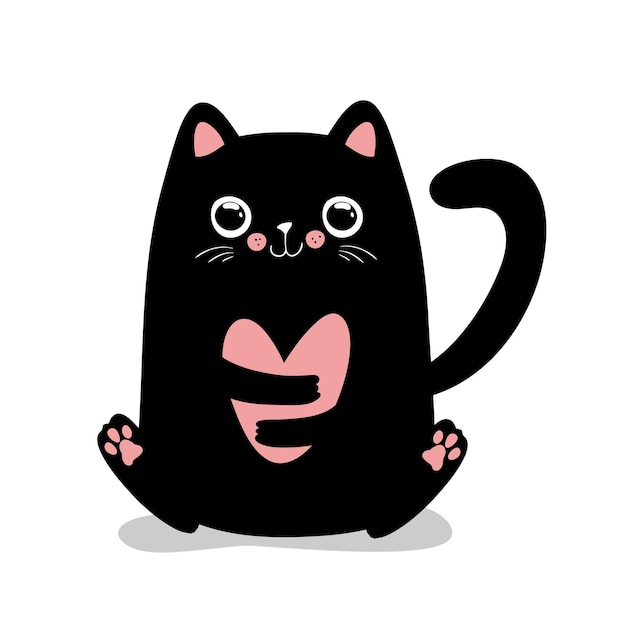 Gatto nero kawaii con cuore. illustrazione vettoriale eps 10