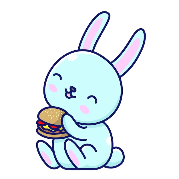 Kawaii blauw konijntje dat hamburger eet