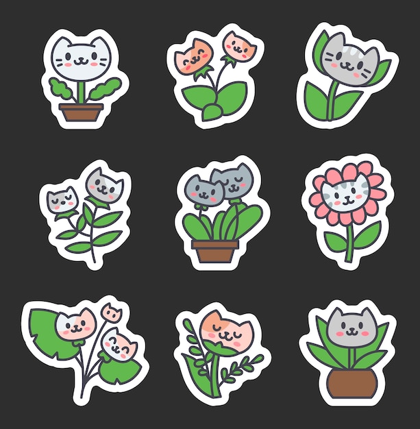 Kawaii bloem kat Sticker Bookmark Leuke huisdieren cartoon personage Hand getekende stijl
