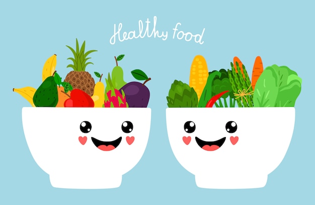 Kawaii bowls with fruits and vegetables illustration