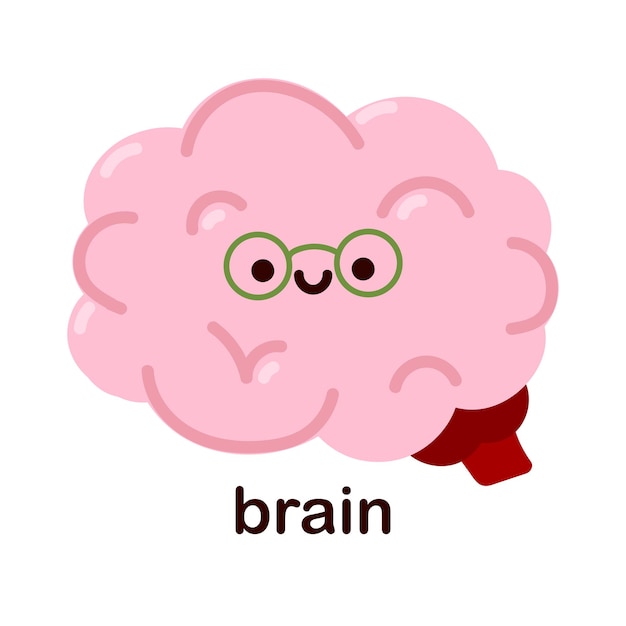 Kawaii brain. Cute human internal organs. Cheerful children's drawings in a flat style, anatomy.