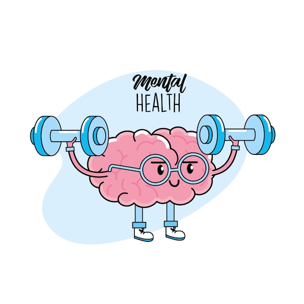 Kawaii brain with glasses and dumbbells design