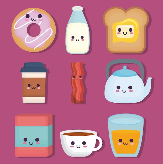 Vector kawaii breakfast food related icons