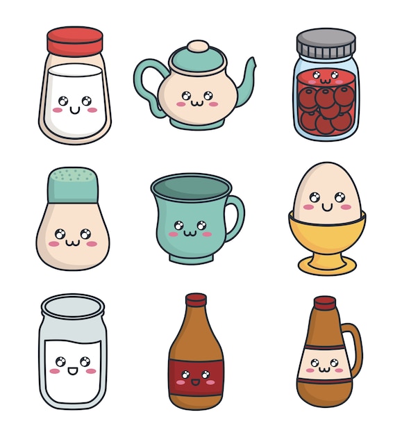 Vector kawaii breakfast food related icons