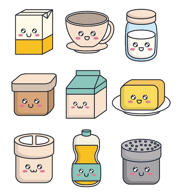 Kawaii breakfast food related icons