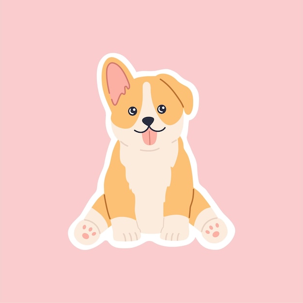 ベクトル カワイイ犬種コーギーシッティングステッカー、面白い小さな犬、舌でかわいい顔。フレンドリーな幸せな子犬のキャラクター。