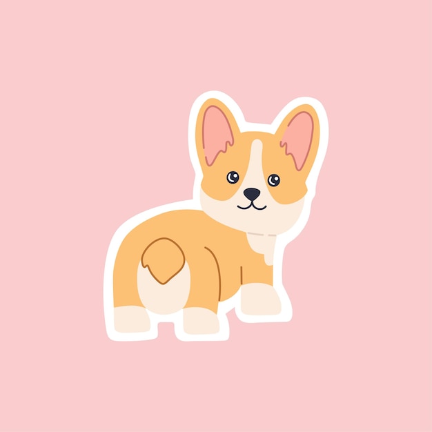 Vector kawaii breed corgi standing sticker, funny little dog, cute face and short tail. friendly puppy character. hand drawn trendy modern illustration in flat cartoon style, isolated on pink background