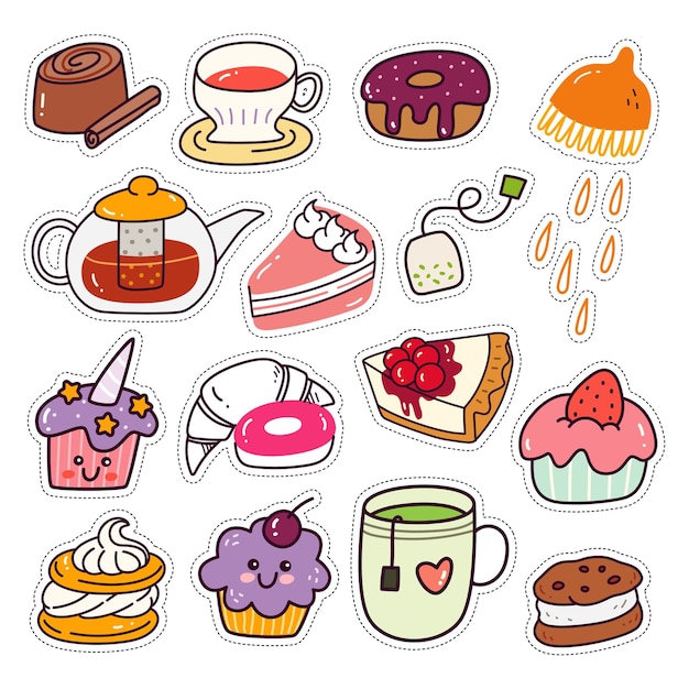 Kawaii Brood Taart en drank Sticker Set