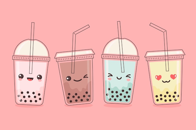 Vector kawaii bubble tea collection