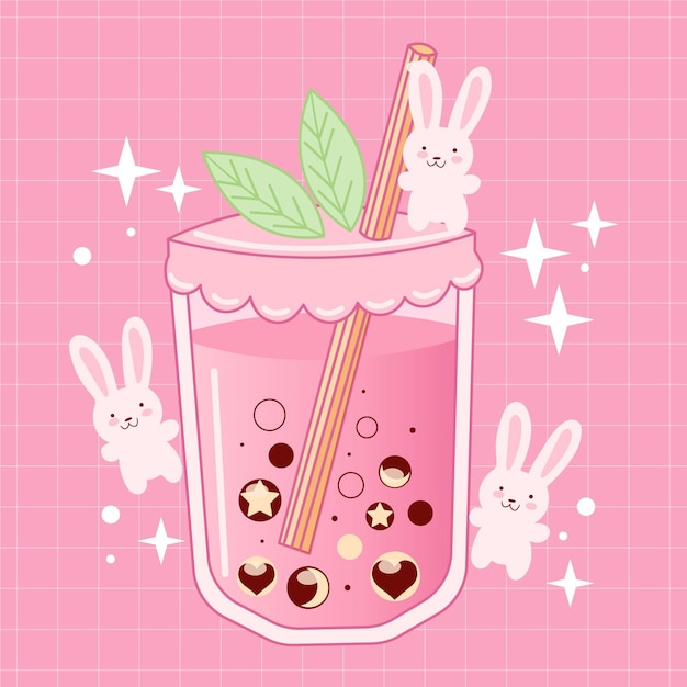 Kawaii bubble tea illustrazione con coniglietti