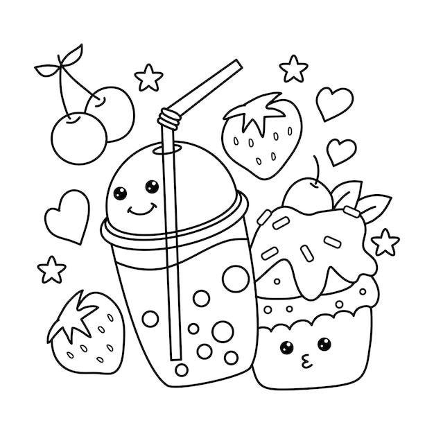 kawaii bubble tea kleurplaat illustratie