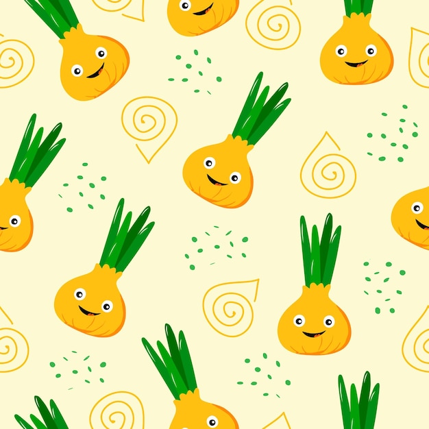 Kawaii bulbs of onions and green arrows of onion on yellow background seamless vector pattern