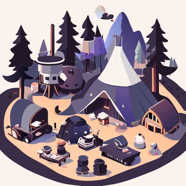 a kawaii busy campsite surrounding by mountain old factories and forest vector illustration