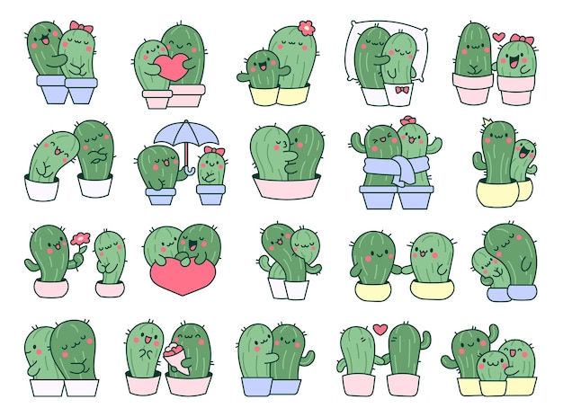 Cactus kawaii abbraccio cuccioli di cartoni animati coppia innamorata personaggi di piante divertenti in vasi